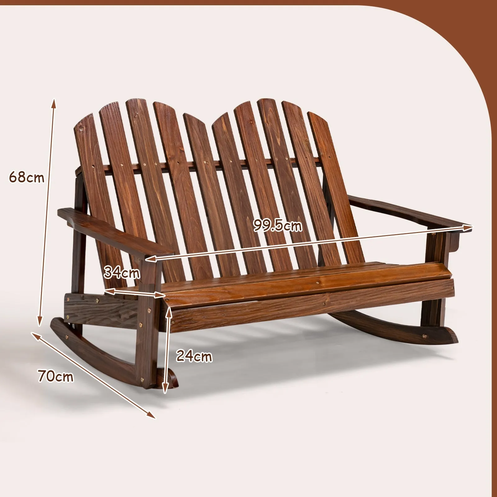 2 Person Outdoor Rocking Adirondack Chair Bench for Kids-Rustic Brown