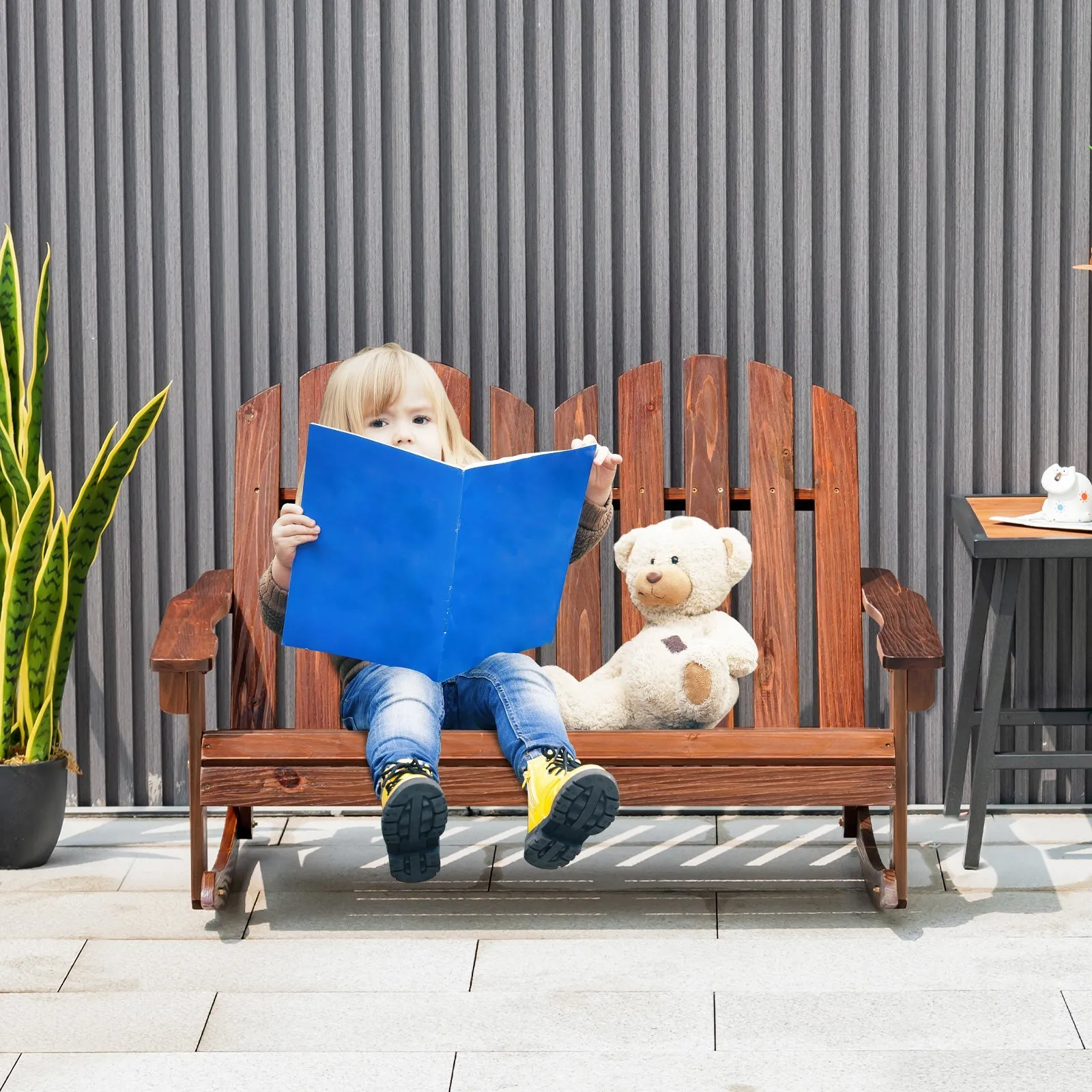 2 Person Outdoor Rocking Adirondack Chair Bench for Kids-Rustic Brown