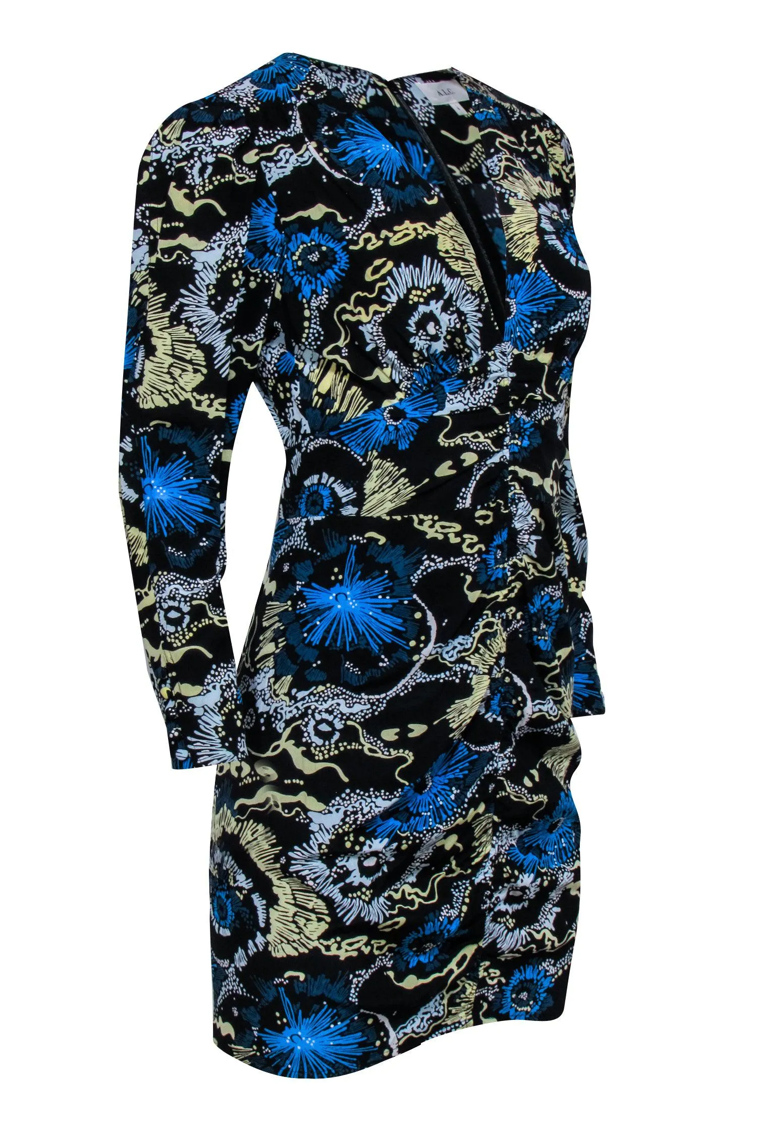 A.L.C. - Black 2/Blue & Yellow Floral Print V-Neckline Dress Sz 4