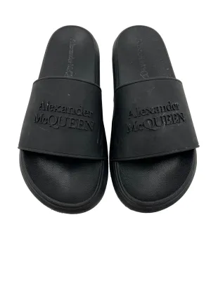 Alexander McQueen Size 40 Black Logo Pool Slides