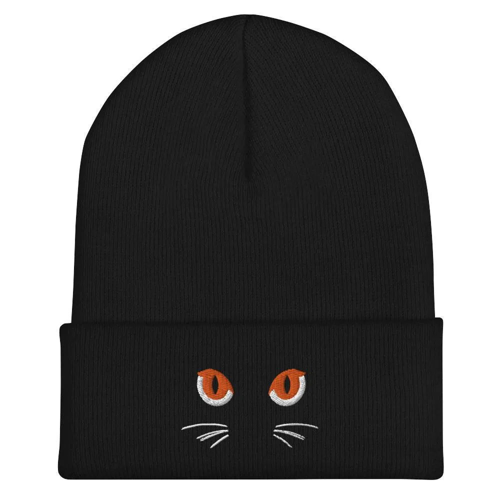 Black Cuffed Beanie Cute Cat Eyes Embroidery