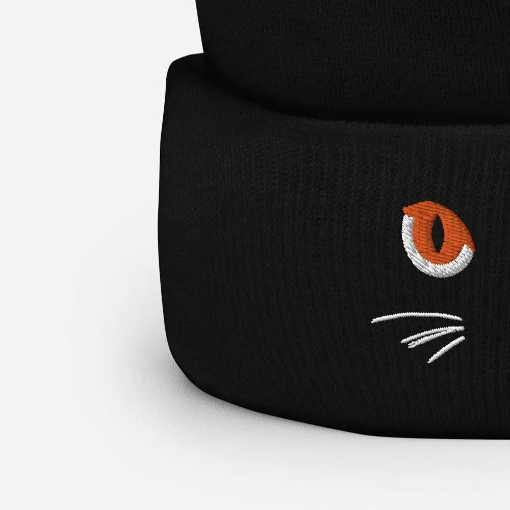 Black Cuffed Beanie Cute Cat Eyes Embroidery