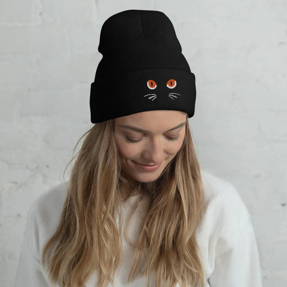 Black Cuffed Beanie Cute Cat Eyes Embroidery