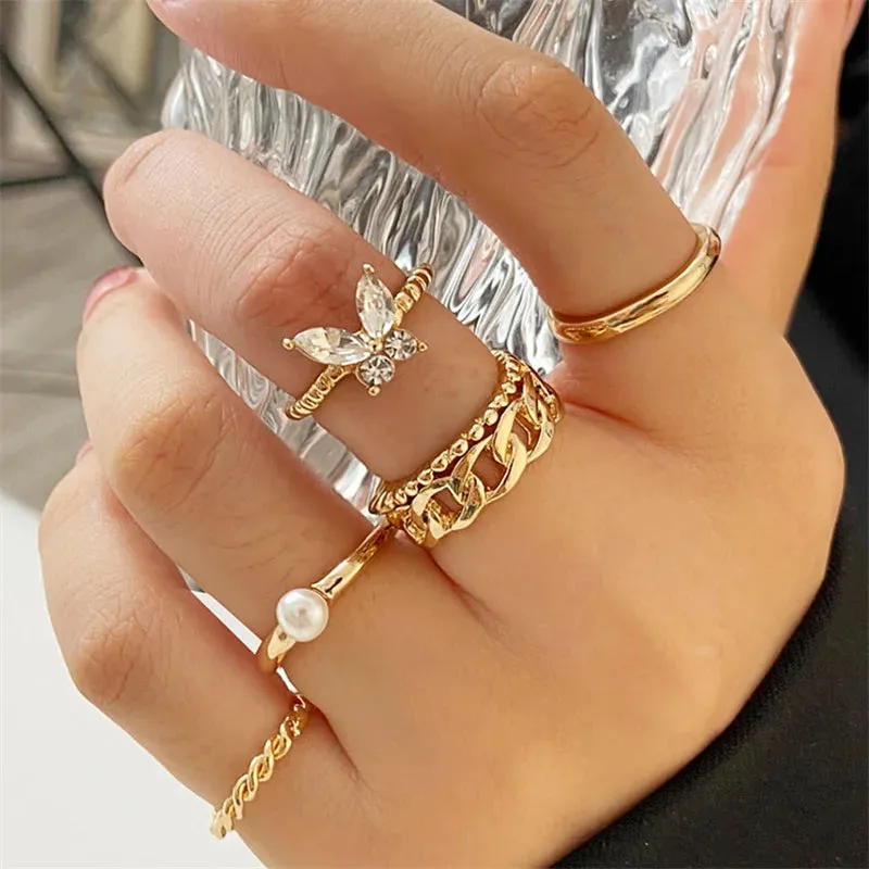 Bohemian Wave Flower Rings Set For Women Vintage Geometric Pearl Butterfly Metal Chain Knuckle Rings 2022 Trendy Jewelry Gift