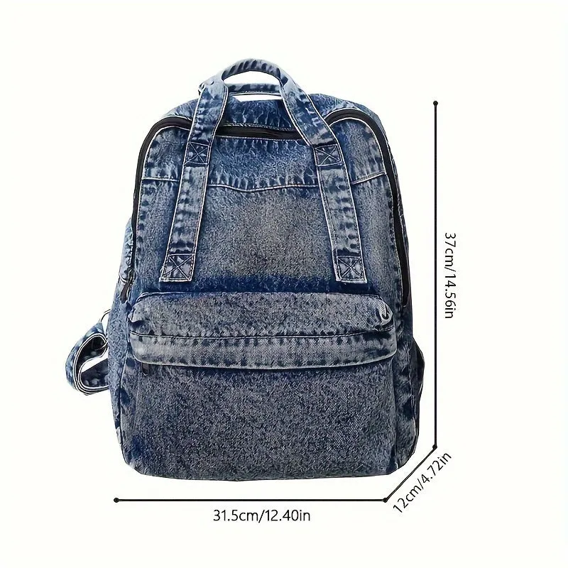 Chic Large-Capacity Denim Backpack - Stylish Zippered Rucksack with Durable Polyester Lining for Women