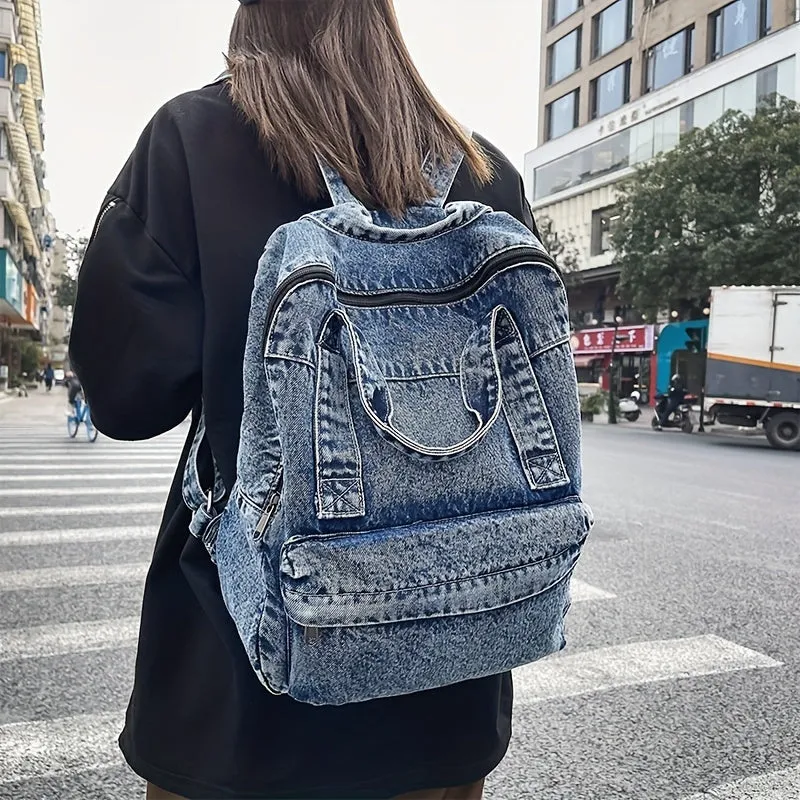 Chic Large-Capacity Denim Backpack - Stylish Zippered Rucksack with Durable Polyester Lining for Women