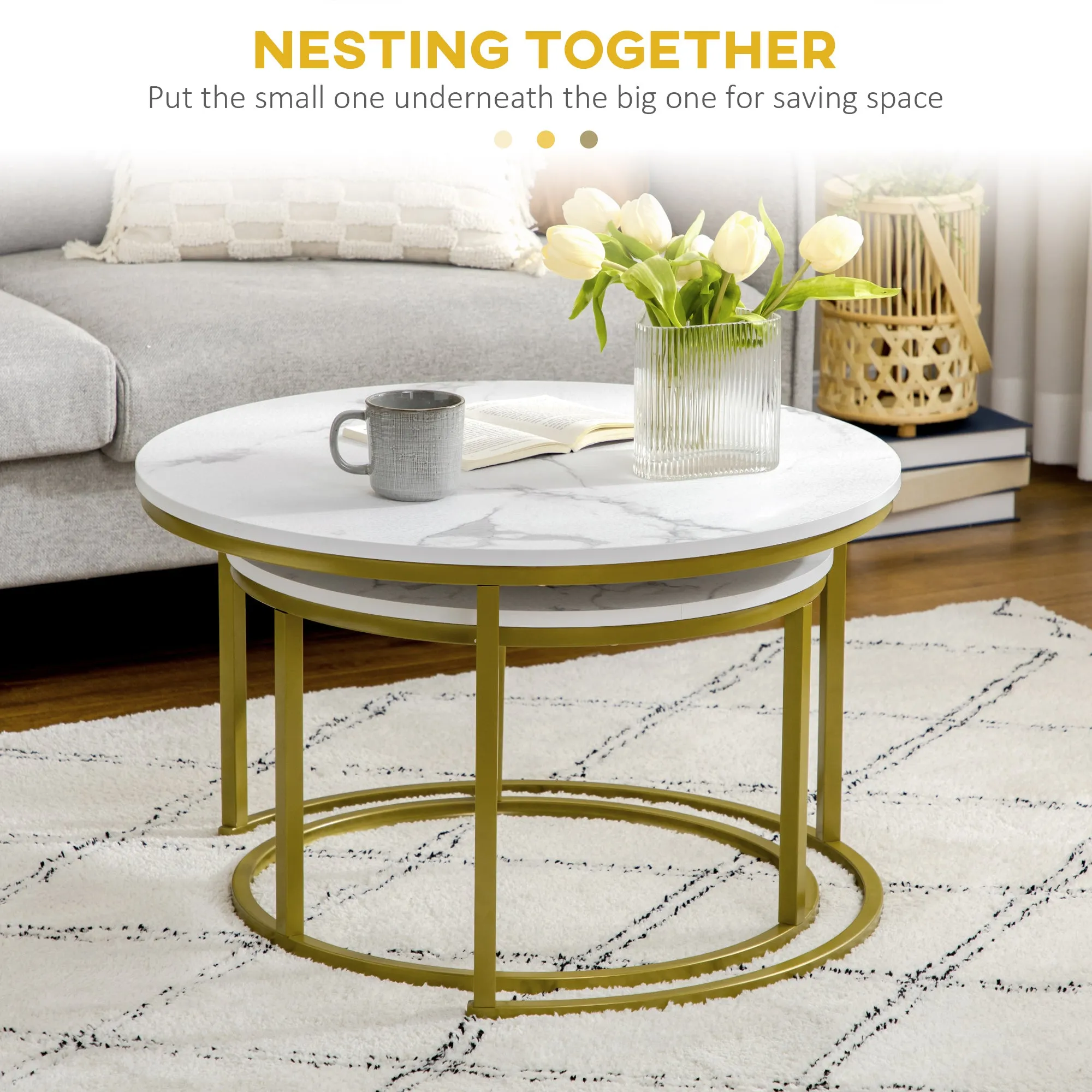 Coffee Table Set of 2, Round Nest of Tables with Faux Marble Tabletop and Metal Frame, Modern Side Tables for Living Room, White