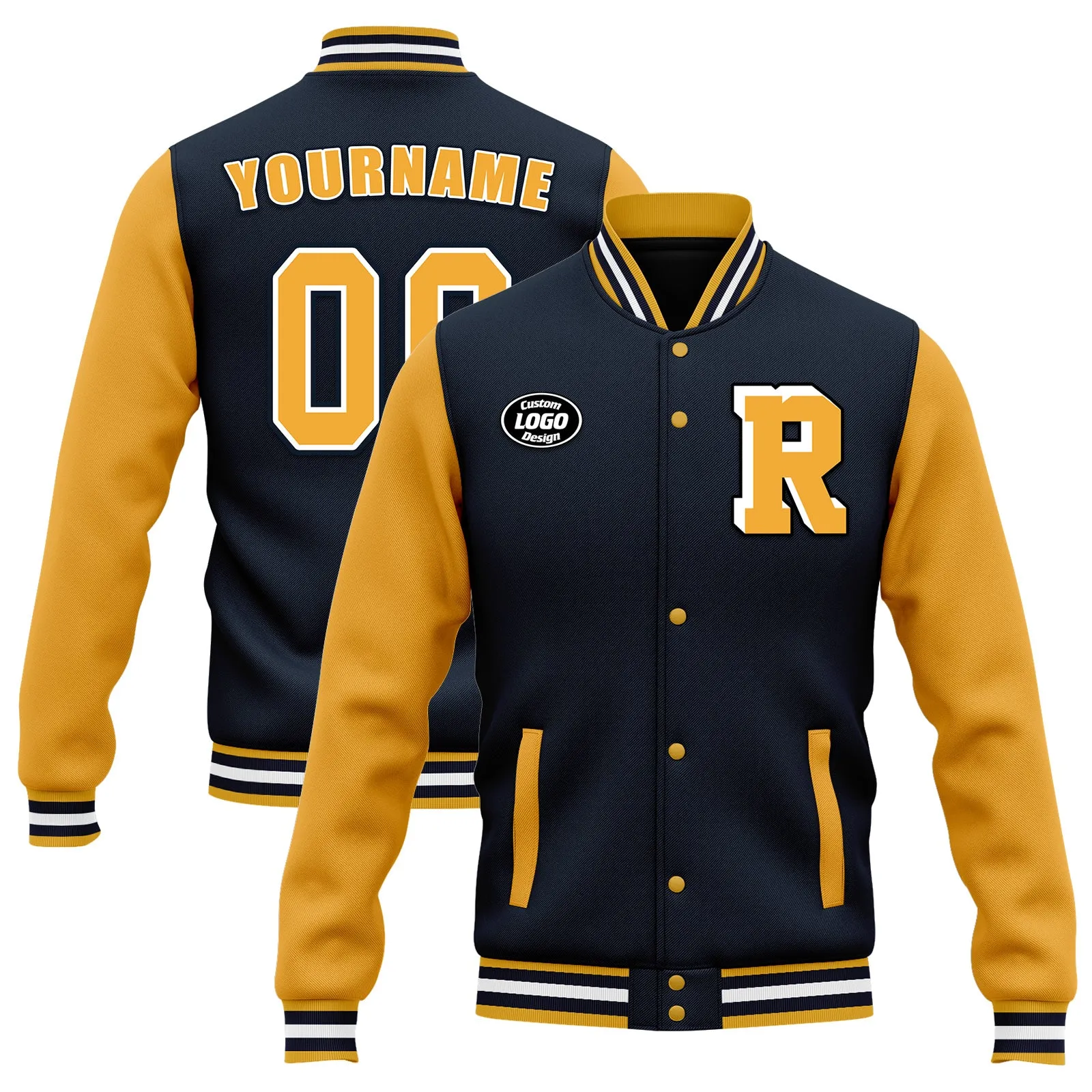 Custom Blue Yellow Waterproof Jacket Bomber Full-Snap Varsity Letterman Personalized Jacket FZ007CD-D020316-6