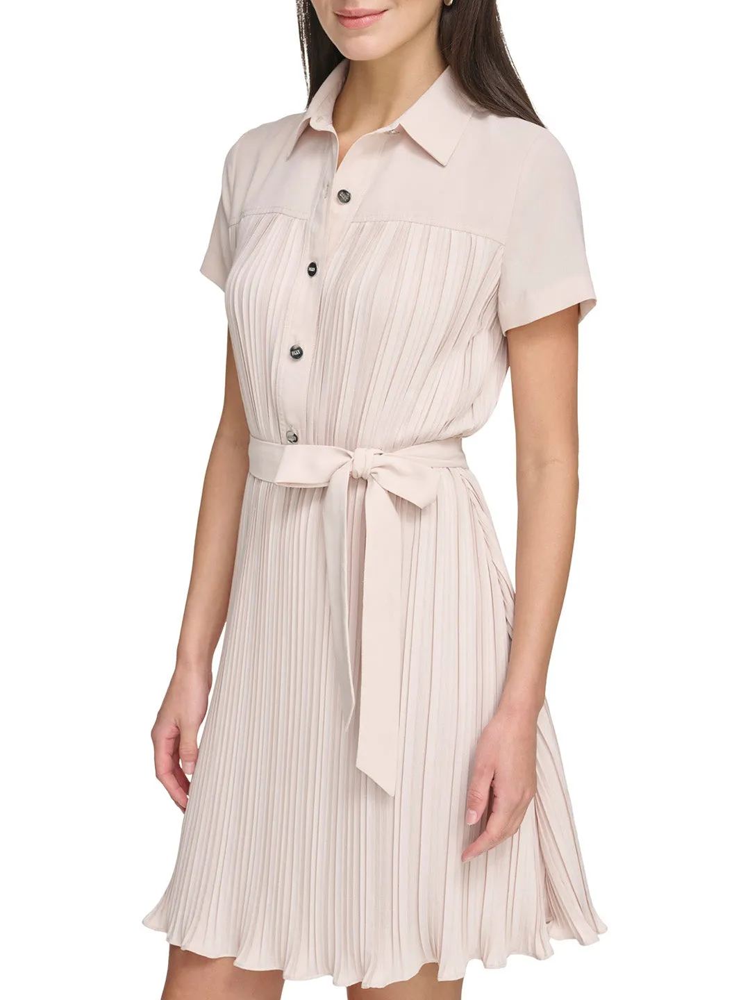 DKNY Women Beige Solid Shirt Collar Short Sleeves Dress