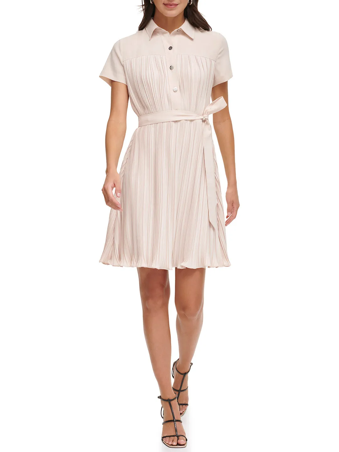 DKNY Women Beige Solid Shirt Collar Short Sleeves Dress