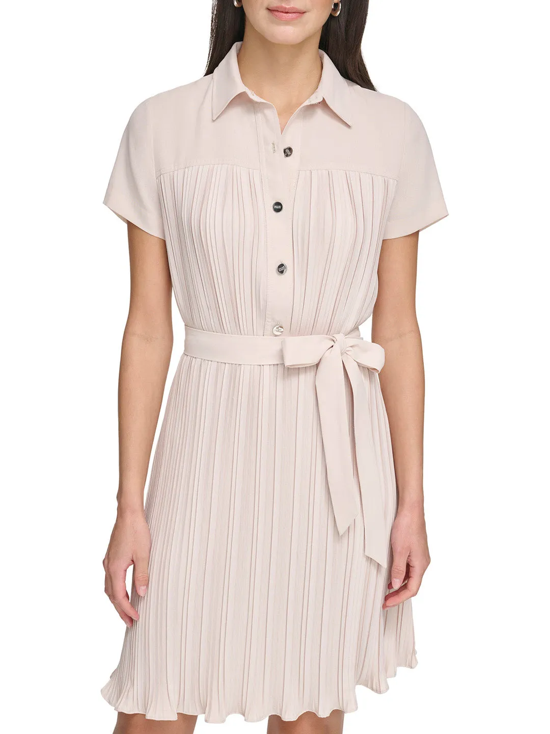 DKNY Women Beige Solid Shirt Collar Short Sleeves Dress