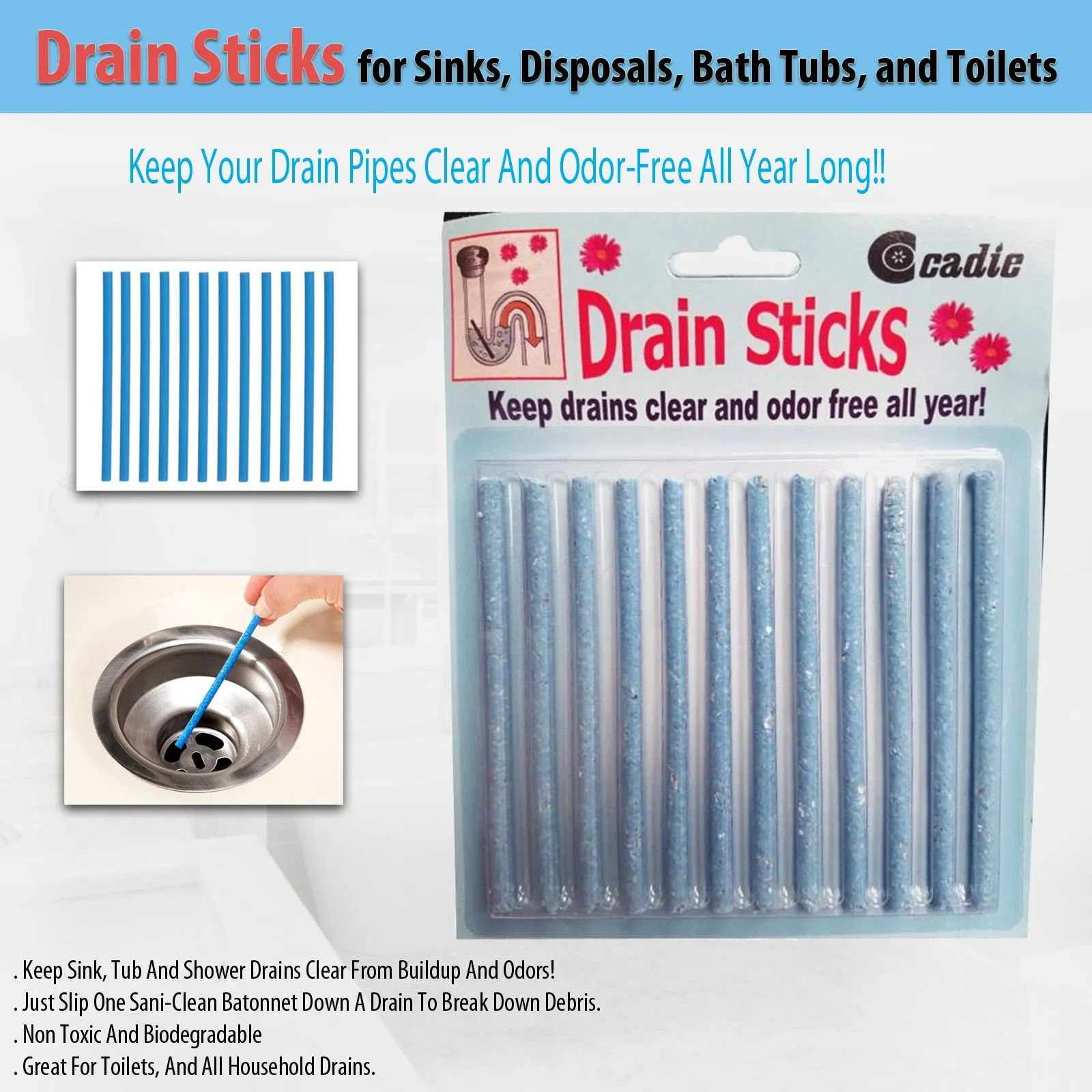 Drain Sticks for Sinks, Disposals, Bath Tubs, and Toilets