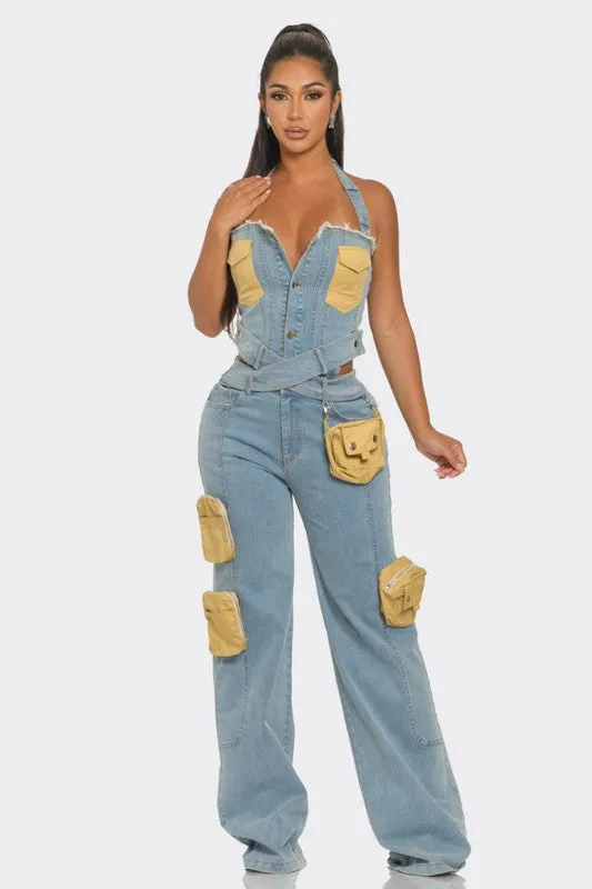 Dual-Tone Utility Denim Jumpsuit