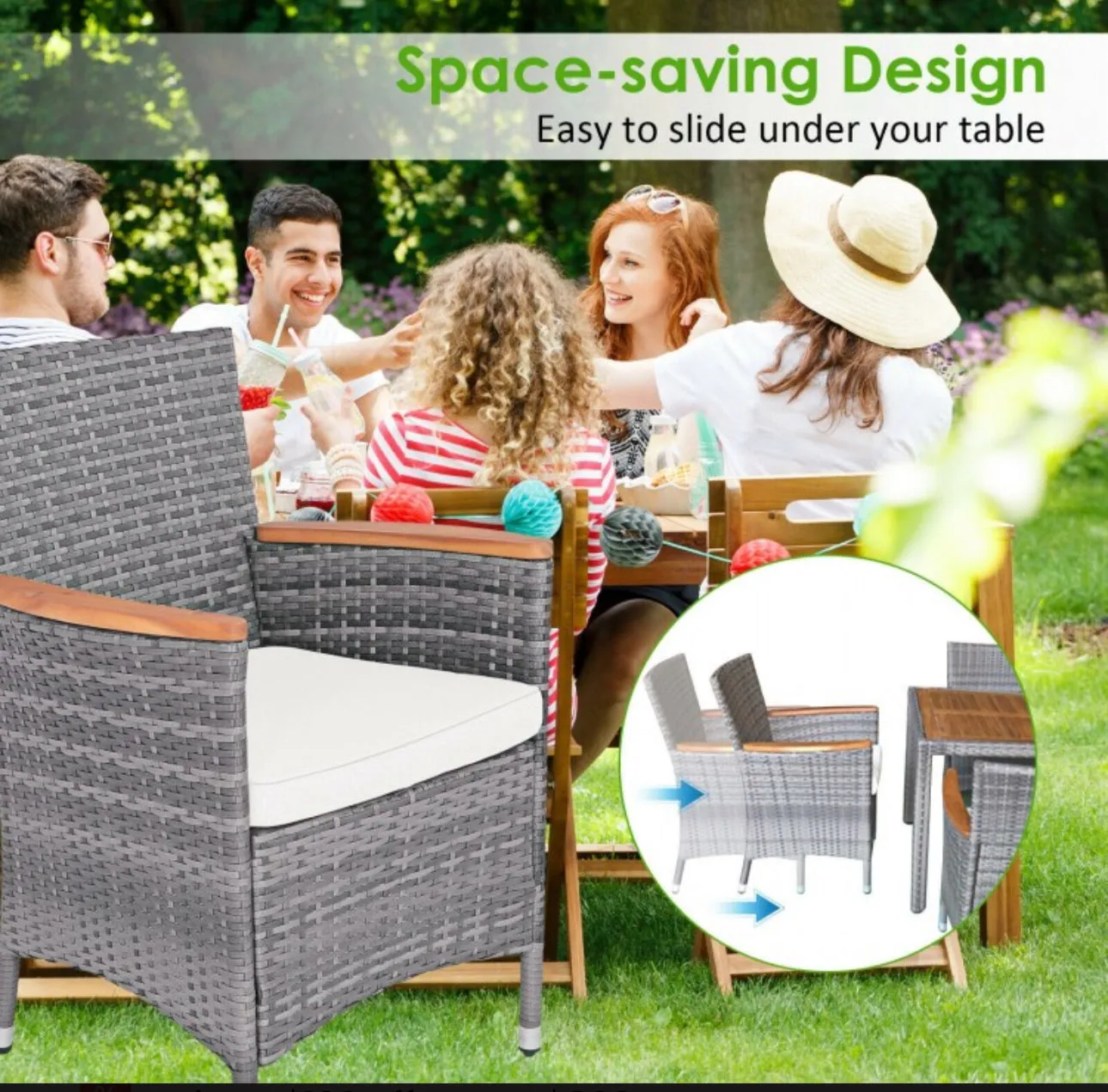 Elegant Modern Heavy Duty Comfortable 7-Piece Patio Acacia Wood Thick Comfy Cushioned Rattan Dining Set | Space Saving | Weather Resistant