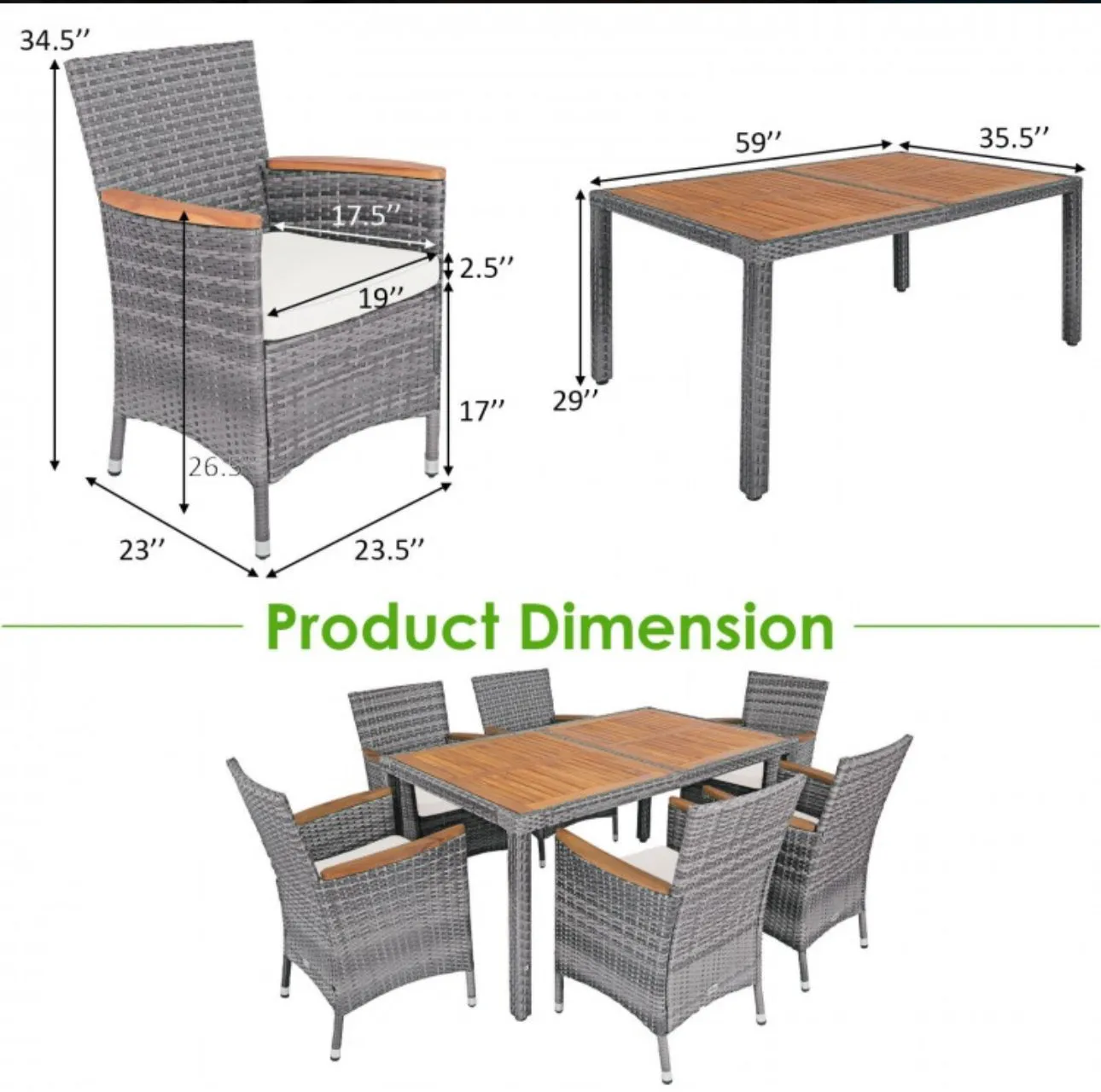 Elegant Modern Heavy Duty Comfortable 7-Piece Patio Acacia Wood Thick Comfy Cushioned Rattan Dining Set | Space Saving | Weather Resistant