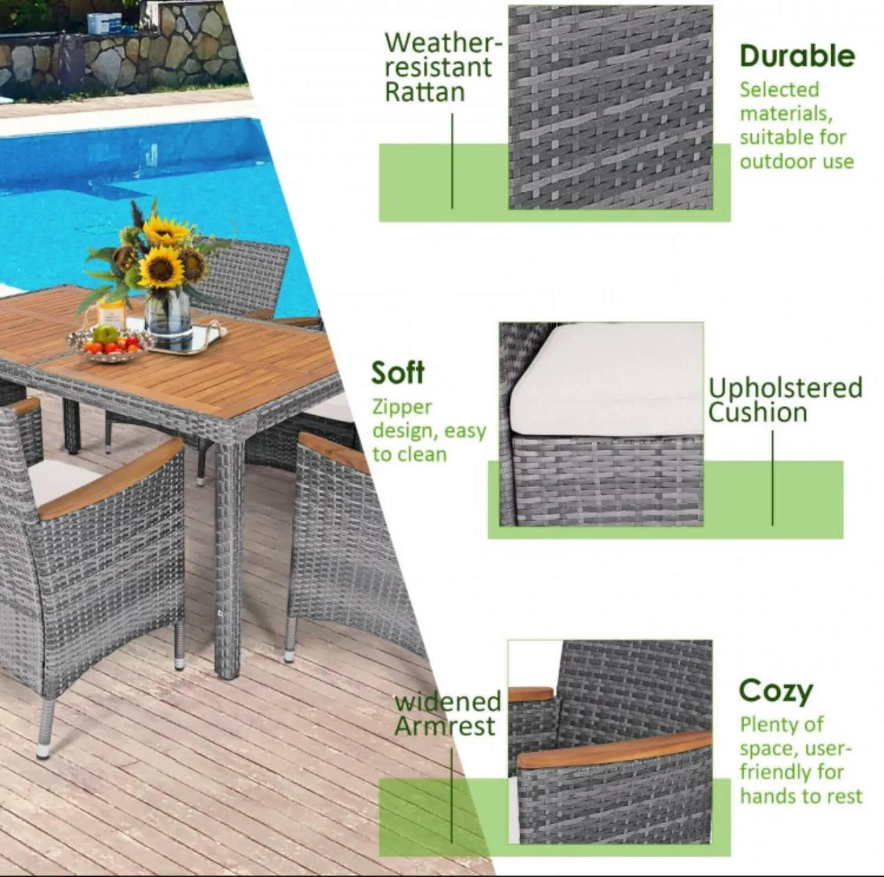 Elegant Modern Heavy Duty Comfortable 7-Piece Patio Acacia Wood Thick Comfy Cushioned Rattan Dining Set | Space Saving | Weather Resistant