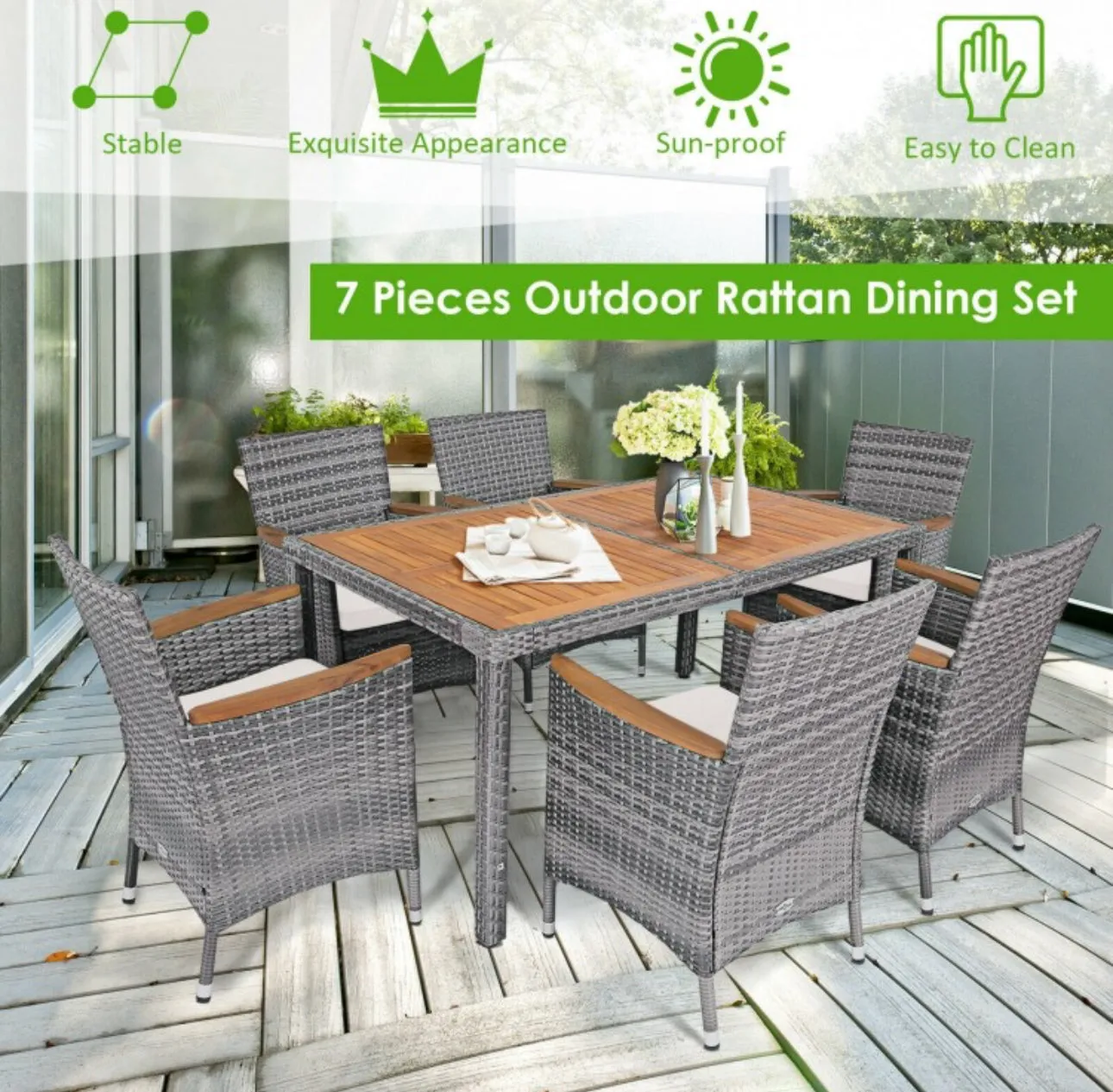 Elegant Modern Heavy Duty Comfortable 7-Piece Patio Acacia Wood Thick Comfy Cushioned Rattan Dining Set | Space Saving | Weather Resistant