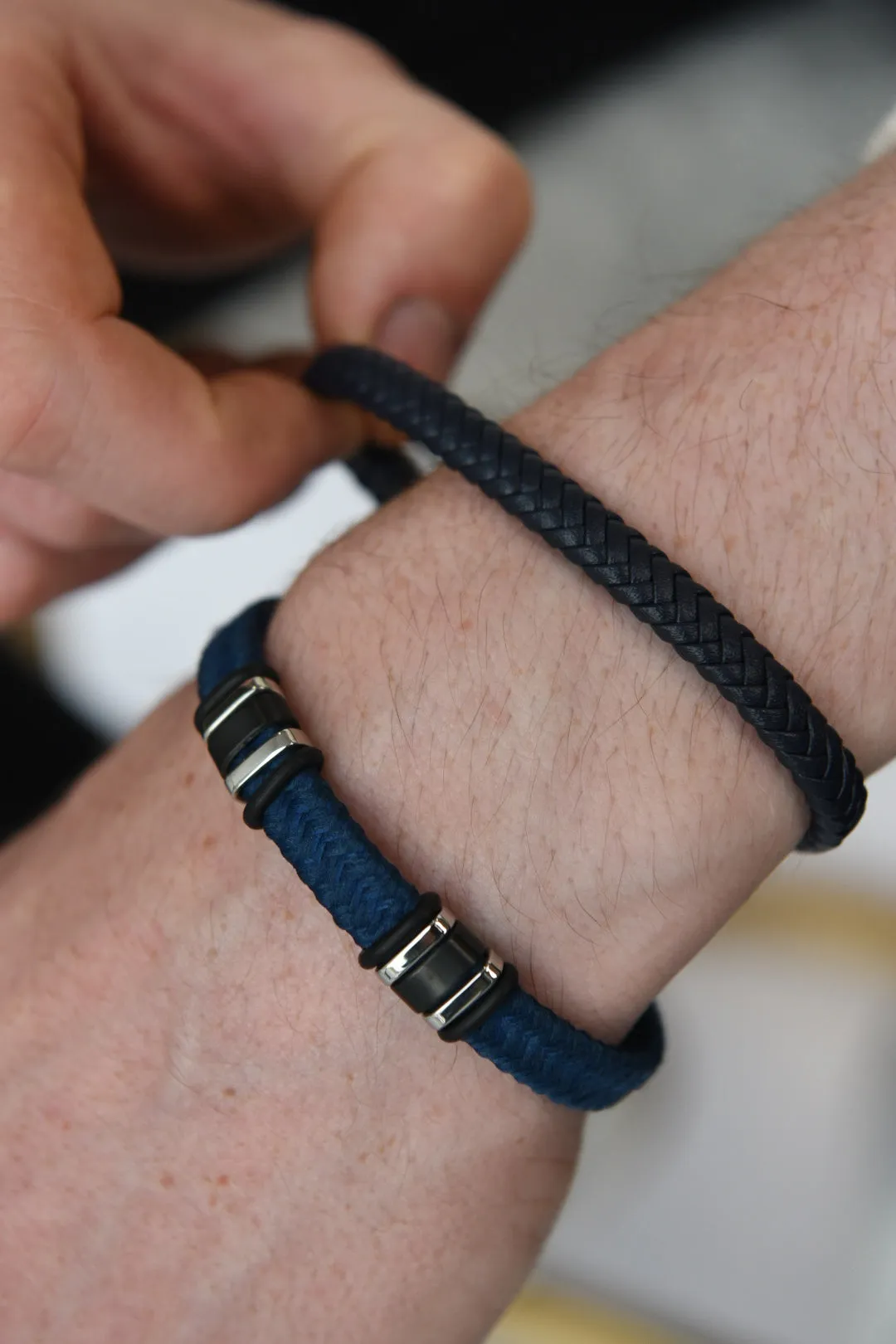 Gents Blue Cotton Bracelet With Stainless Steel Catch