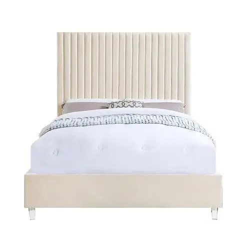 Keira Queen Bed, Beige Velvet