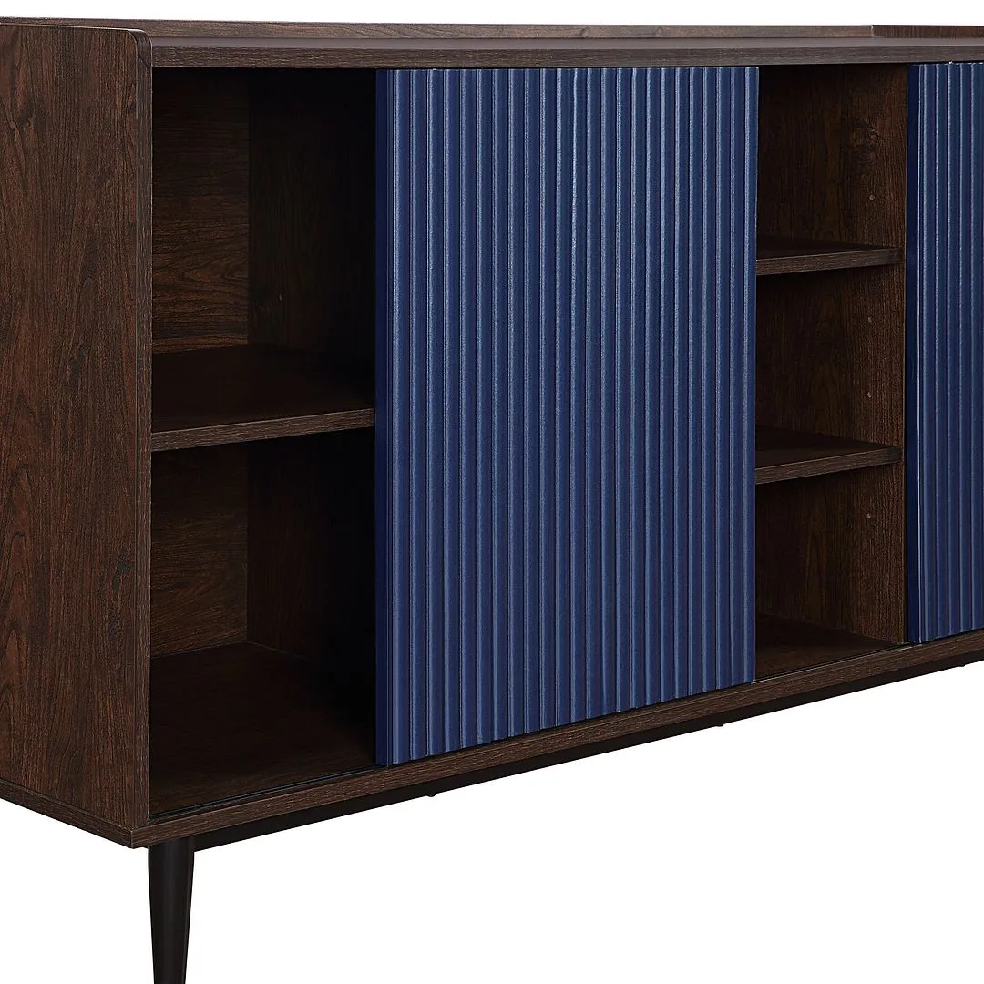 Manhattan Comfort Duane 59.05 Modern Ribbed Sideboard with Adjustable Shelves in Dark Brown and Navy Blue