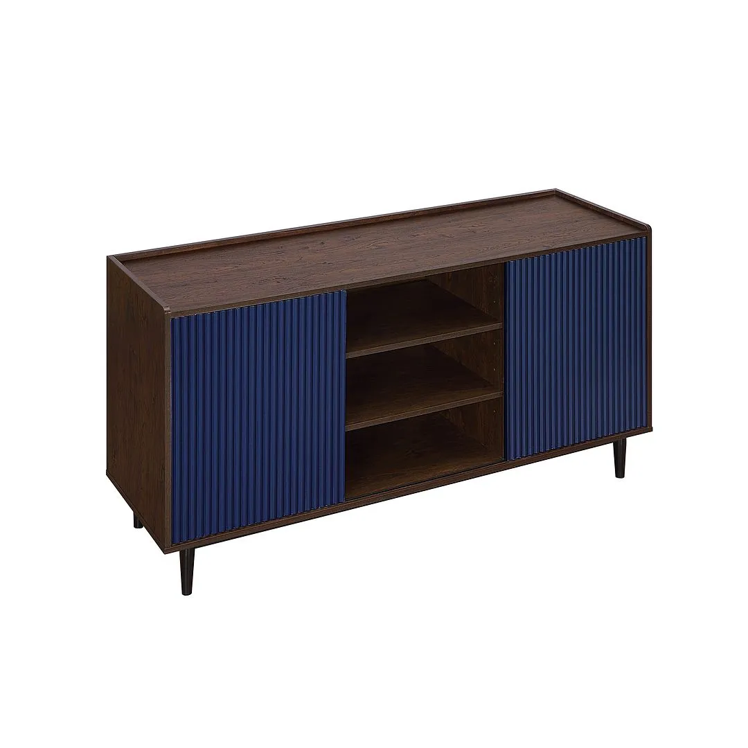 Manhattan Comfort Duane 59.05 Modern Ribbed Sideboard with Adjustable Shelves in Dark Brown and Navy Blue