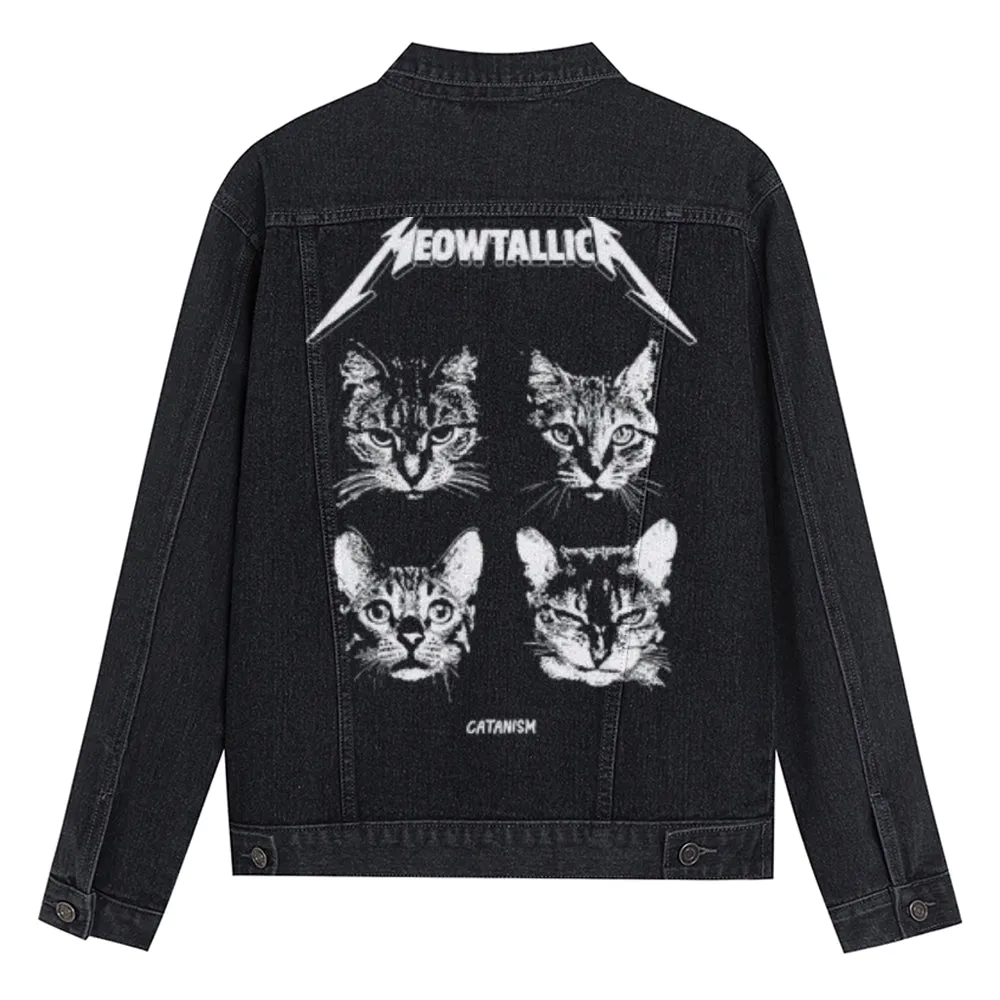 Mens Cat Graphic Button Up Denim Jacket