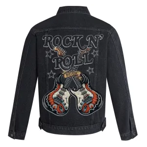 Mens Rock Guitar Graphic Button Up Denim Jacket