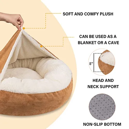 MICOOYO Covered Dog Bed Large - Donut Camling Dog Beds for Large Dogs with Hooded Blankets, Round Cuddler Pet Beds for Puppy Cats Washable (Khaki, 30")