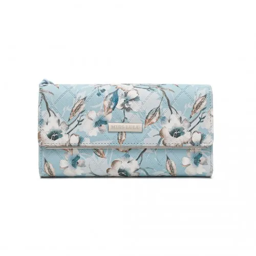 Miss Lulu Ladies' Flower Printed PU Leather Long Purse - Stylish Blue Wallet for Women with Ample Card Slots and Detachable Wrist Strap