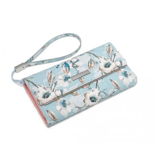 Miss Lulu Ladies' Flower Printed PU Leather Long Purse - Stylish Blue Wallet for Women with Ample Card Slots and Detachable Wrist Strap