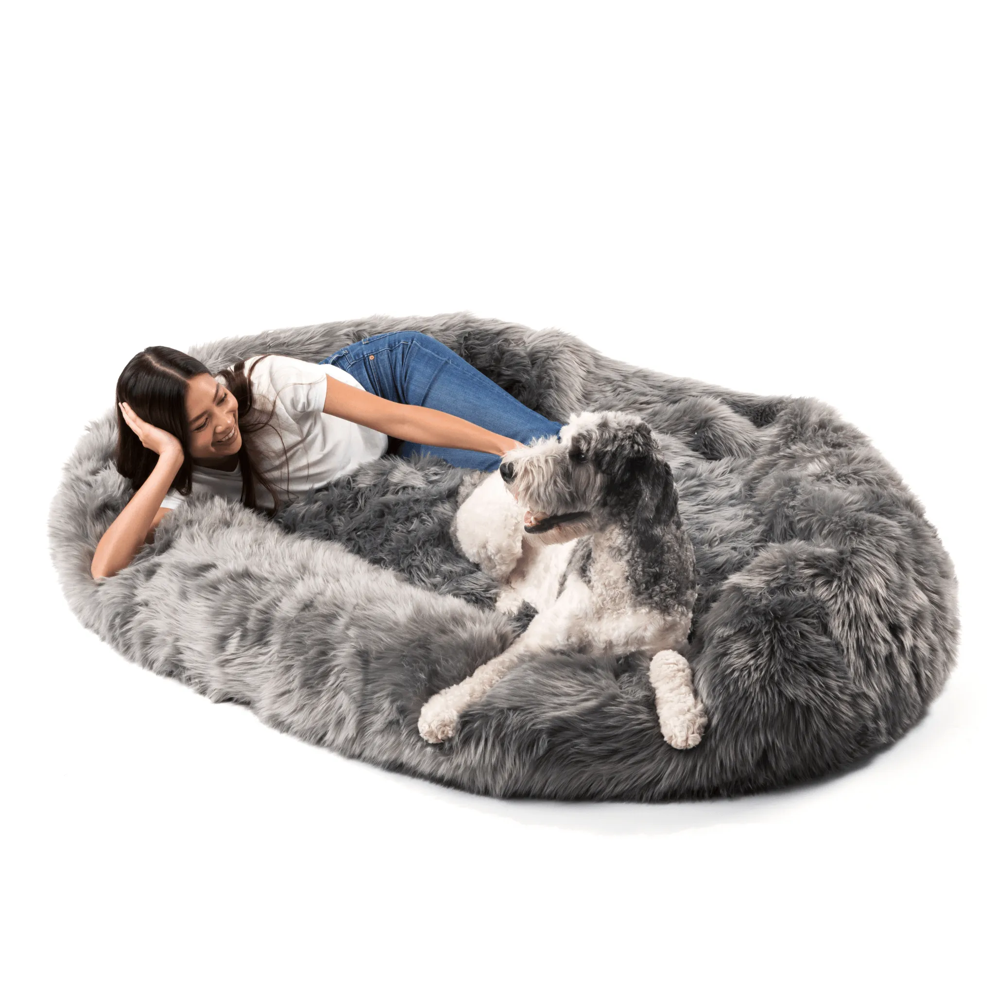 PupCloud™ Human-Size Faux Fur Memory Foam Dog Bed - Charcoal Grey