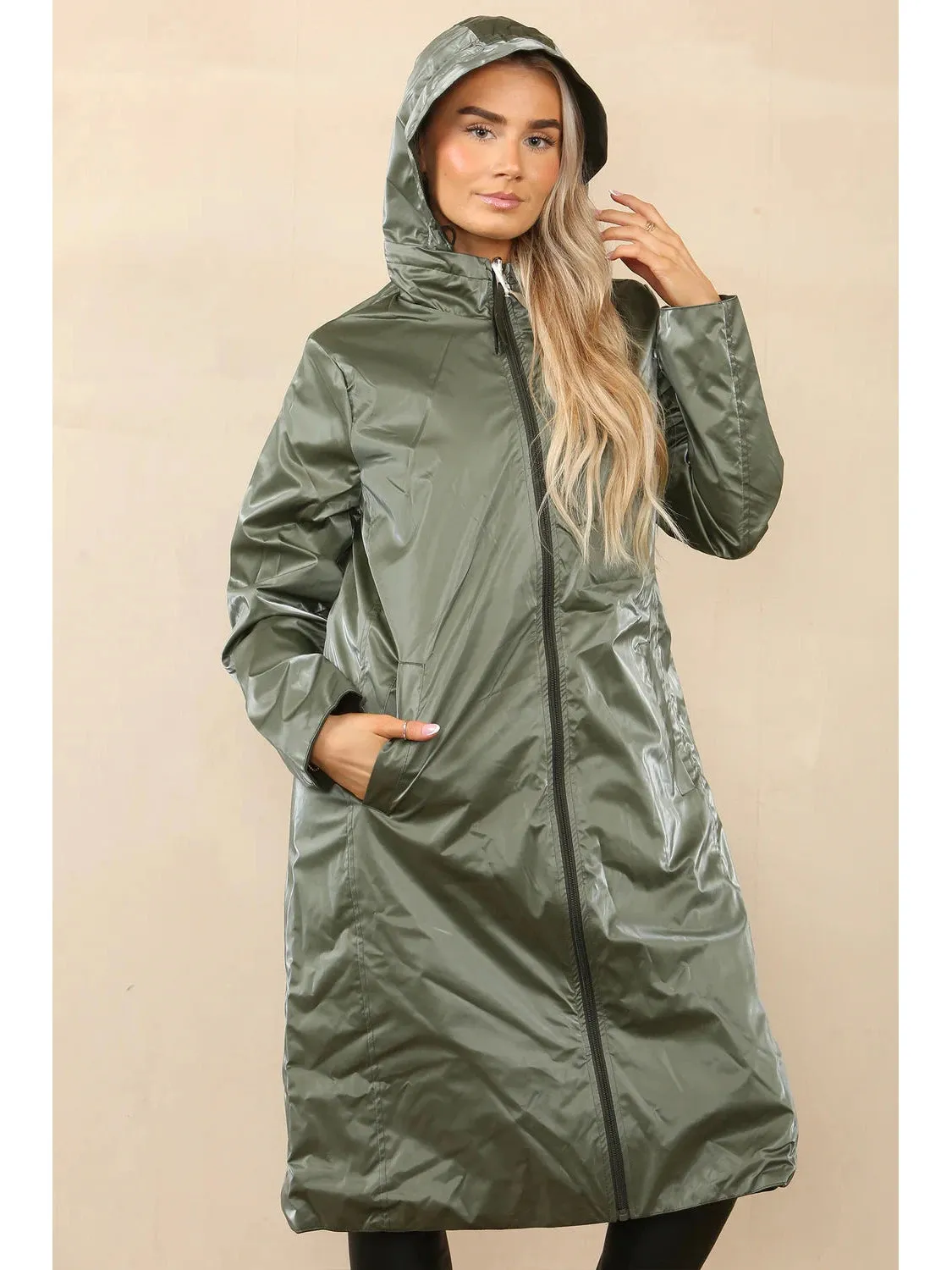 Reversable Long Length Lightweight Hooded Raincoat