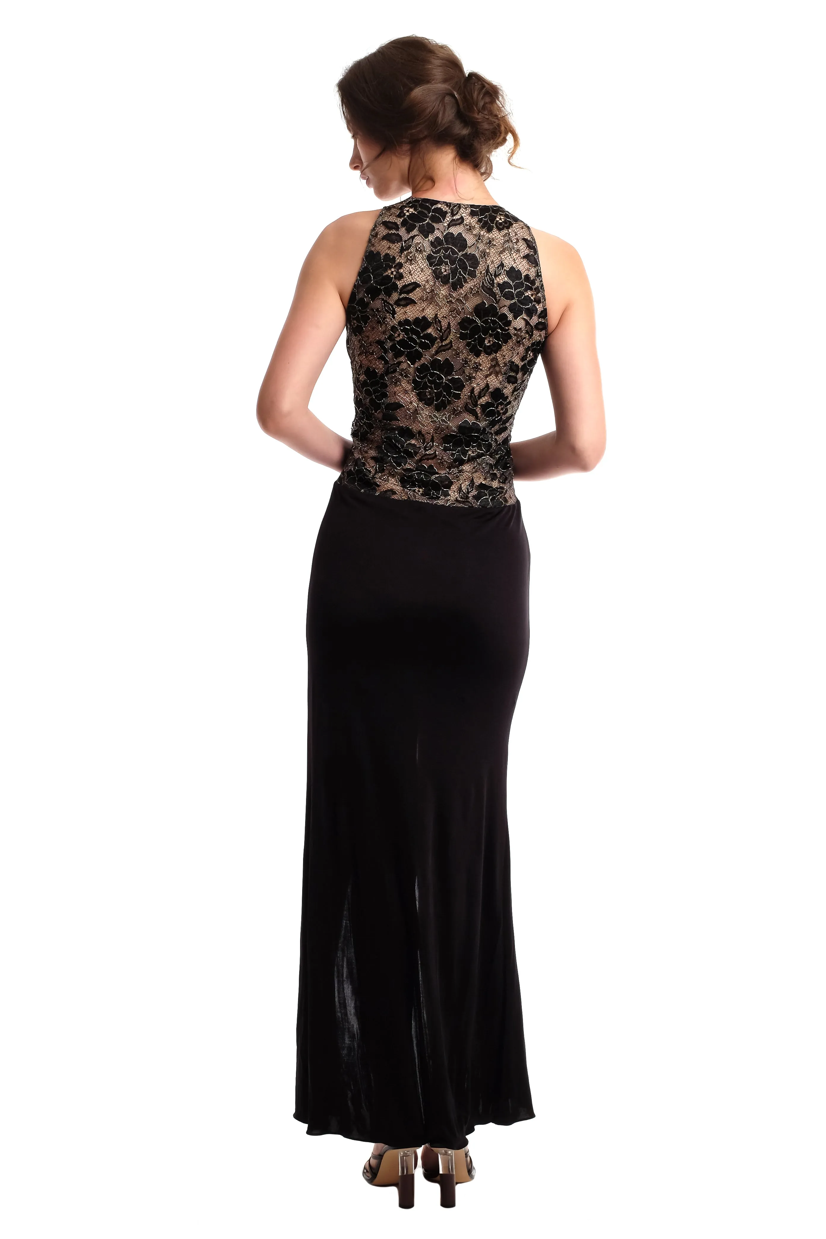 Scarlet Luxe Jersey Gown in Metallic French Lace in Black