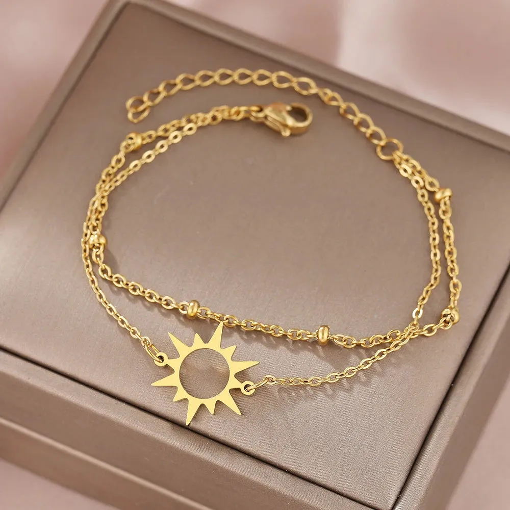 Stainless Steel Bracelets Simple Sun Design Pendants Multi-layer Bead Chains Charms Korean Fashion Bracelet For Women Jewelry