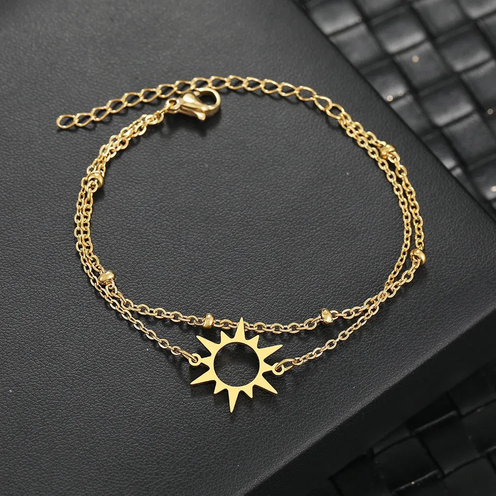 Stainless Steel Bracelets Simple Sun Design Pendants Multi-layer Bead Chains Charms Korean Fashion Bracelet For Women Jewelry