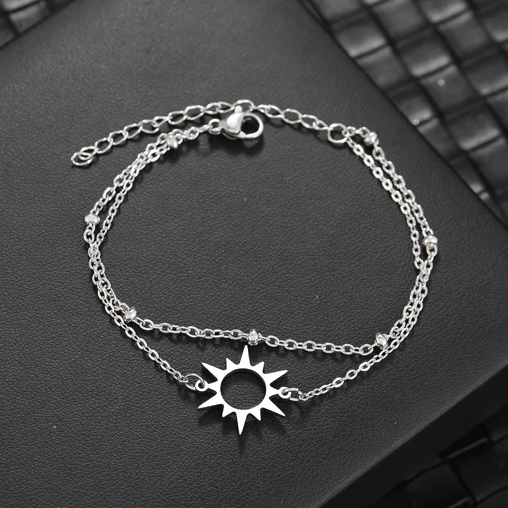 Stainless Steel Bracelets Simple Sun Design Pendants Multi-layer Bead Chains Charms Korean Fashion Bracelet For Women Jewelry