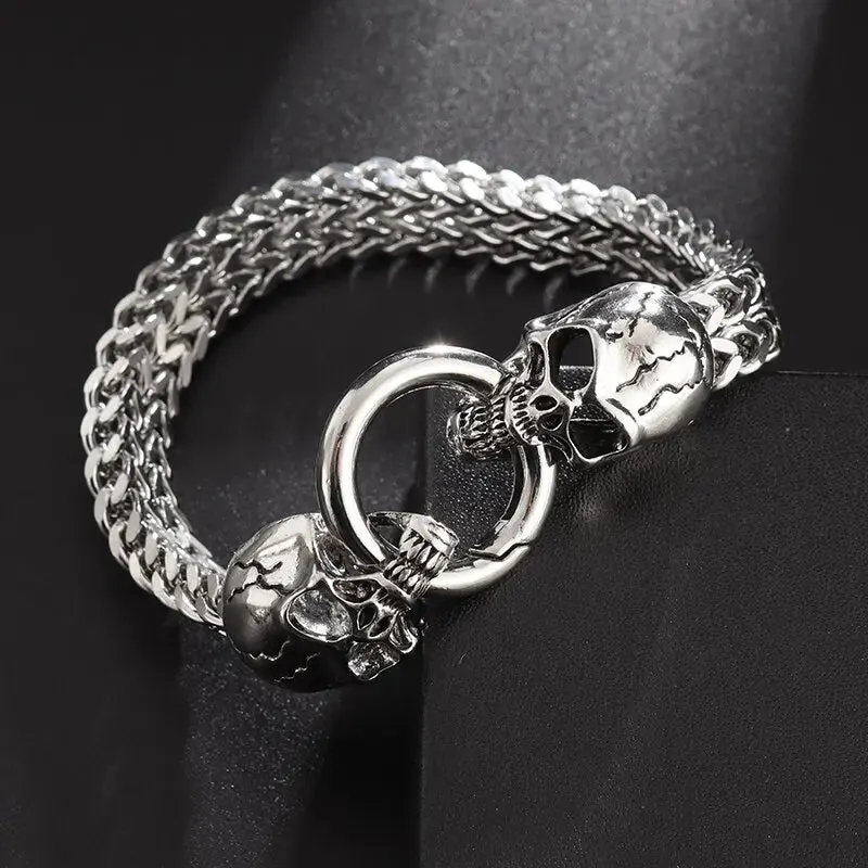 Stainless Steel Nordic Double Wolf Head Bracelet Men\\\'s Retro Punk Mesh Chain Animal Bracelet Hip Hop Rock Trend Jewelry