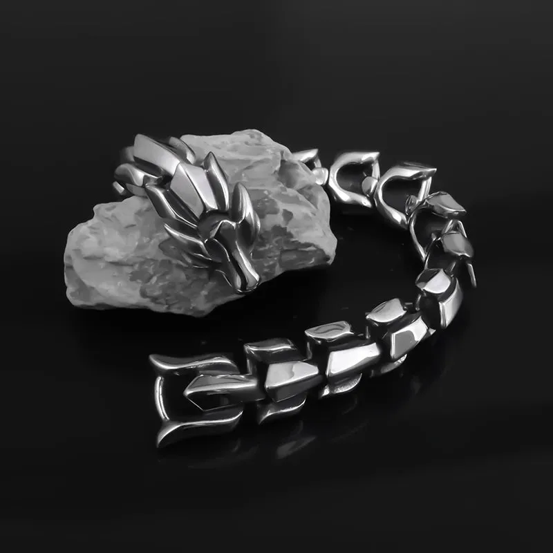 Stainless Steel Nordic Double Wolf Head Bracelet Men\\\'s Retro Punk Mesh Chain Animal Bracelet Hip Hop Rock Trend Jewelry