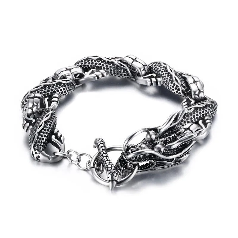 Stainless Steel Nordic Double Wolf Head Bracelet Men\\\'s Retro Punk Mesh Chain Animal Bracelet Hip Hop Rock Trend Jewelry