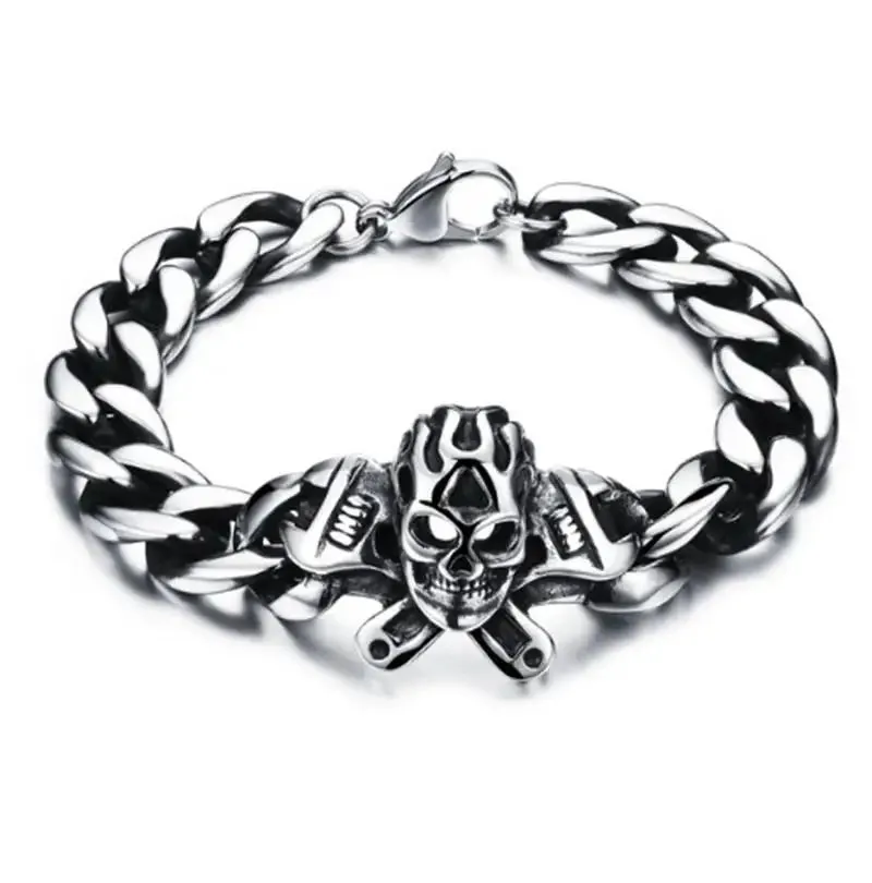 Stainless Steel Nordic Double Wolf Head Bracelet Men\\\'s Retro Punk Mesh Chain Animal Bracelet Hip Hop Rock Trend Jewelry