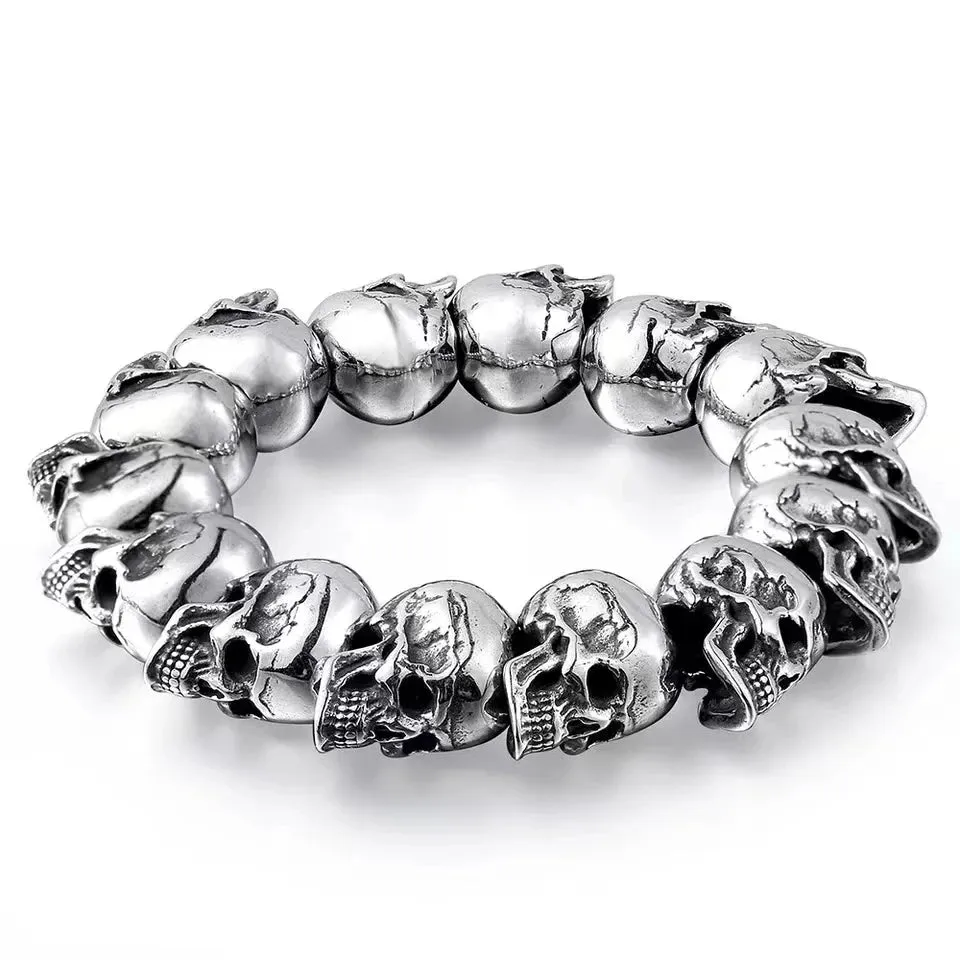 Stainless Steel Nordic Double Wolf Head Bracelet Men\\\'s Retro Punk Mesh Chain Animal Bracelet Hip Hop Rock Trend Jewelry