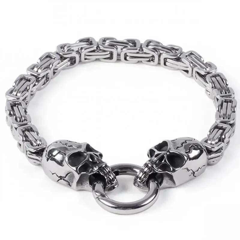 Stainless Steel Nordic Double Wolf Head Bracelet Men\\\'s Retro Punk Mesh Chain Animal Bracelet Hip Hop Rock Trend Jewelry