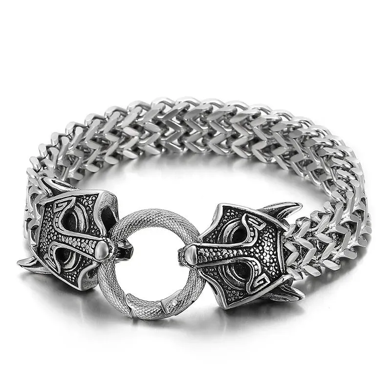 Stainless Steel Nordic Double Wolf Head Bracelet Men\\\'s Retro Punk Mesh Chain Animal Bracelet Hip Hop Rock Trend Jewelry