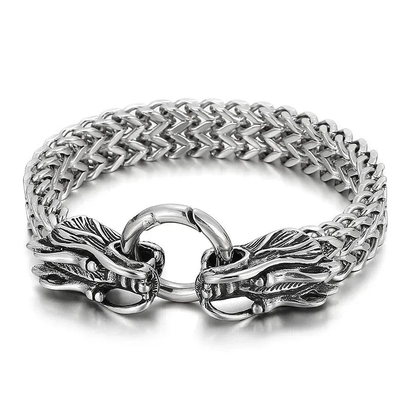 Stainless Steel Nordic Double Wolf Head Bracelet Men\\\'s Retro Punk Mesh Chain Animal Bracelet Hip Hop Rock Trend Jewelry