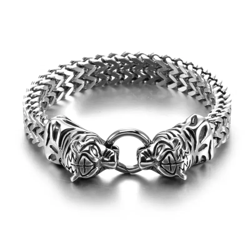 Stainless Steel Nordic Double Wolf Head Bracelet Men\\\'s Retro Punk Mesh Chain Animal Bracelet Hip Hop Rock Trend Jewelry