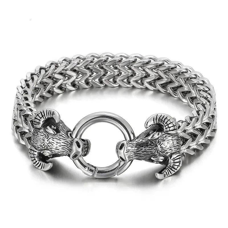 Stainless Steel Nordic Double Wolf Head Bracelet Men\\\'s Retro Punk Mesh Chain Animal Bracelet Hip Hop Rock Trend Jewelry