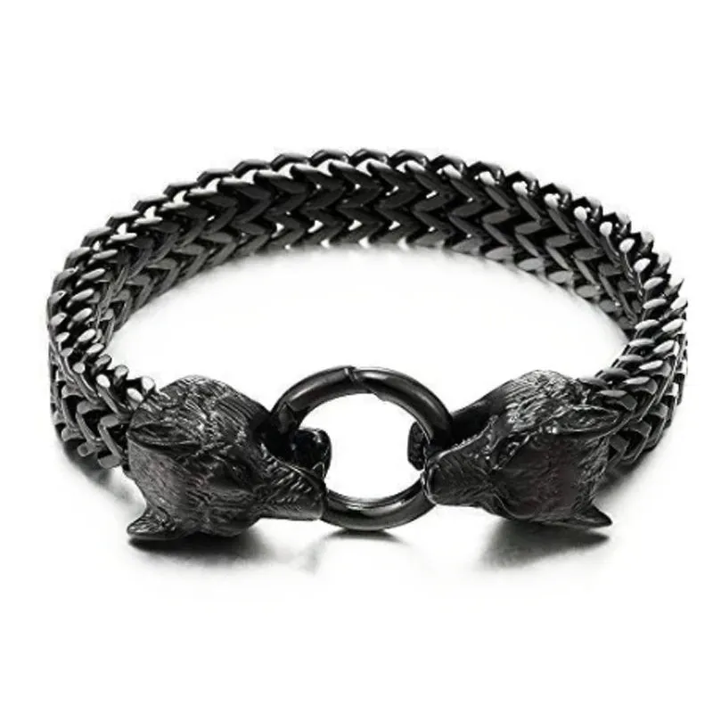 Stainless Steel Nordic Double Wolf Head Bracelet Men\\\'s Retro Punk Mesh Chain Animal Bracelet Hip Hop Rock Trend Jewelry