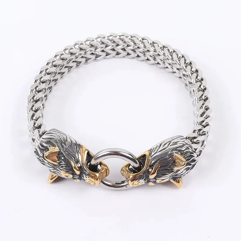 Stainless Steel Nordic Double Wolf Head Bracelet Men\\\'s Retro Punk Mesh Chain Animal Bracelet Hip Hop Rock Trend Jewelry