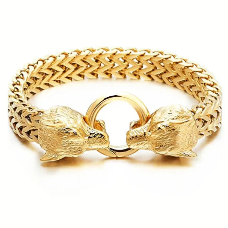 Stainless Steel Nordic Double Wolf Head Bracelet Men\\\'s Retro Punk Mesh Chain Animal Bracelet Hip Hop Rock Trend Jewelry