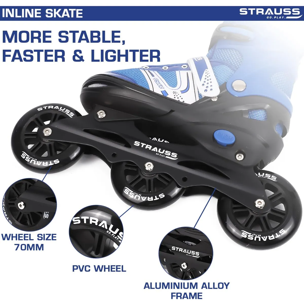 STRAUSS Blaze Adjustable Size Inline Skates | Skating Shoes for Boys & Girls | 3 Wheels |Beginner-Friendly Skating Shoe | Adjustable Roller Blades | Enhanced Stability and Support| Size L,(Blue)